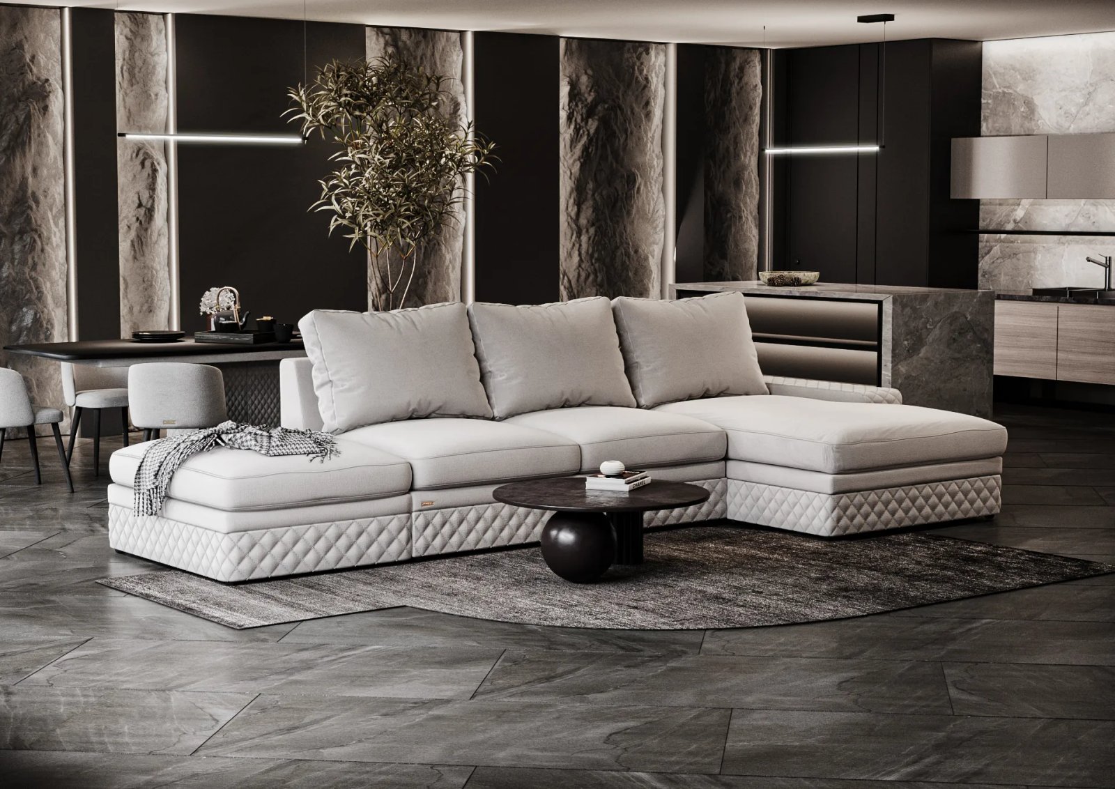 DUBAI sofa lova kampu su minkštu atlošu ir tekstiliniu paviršiumi