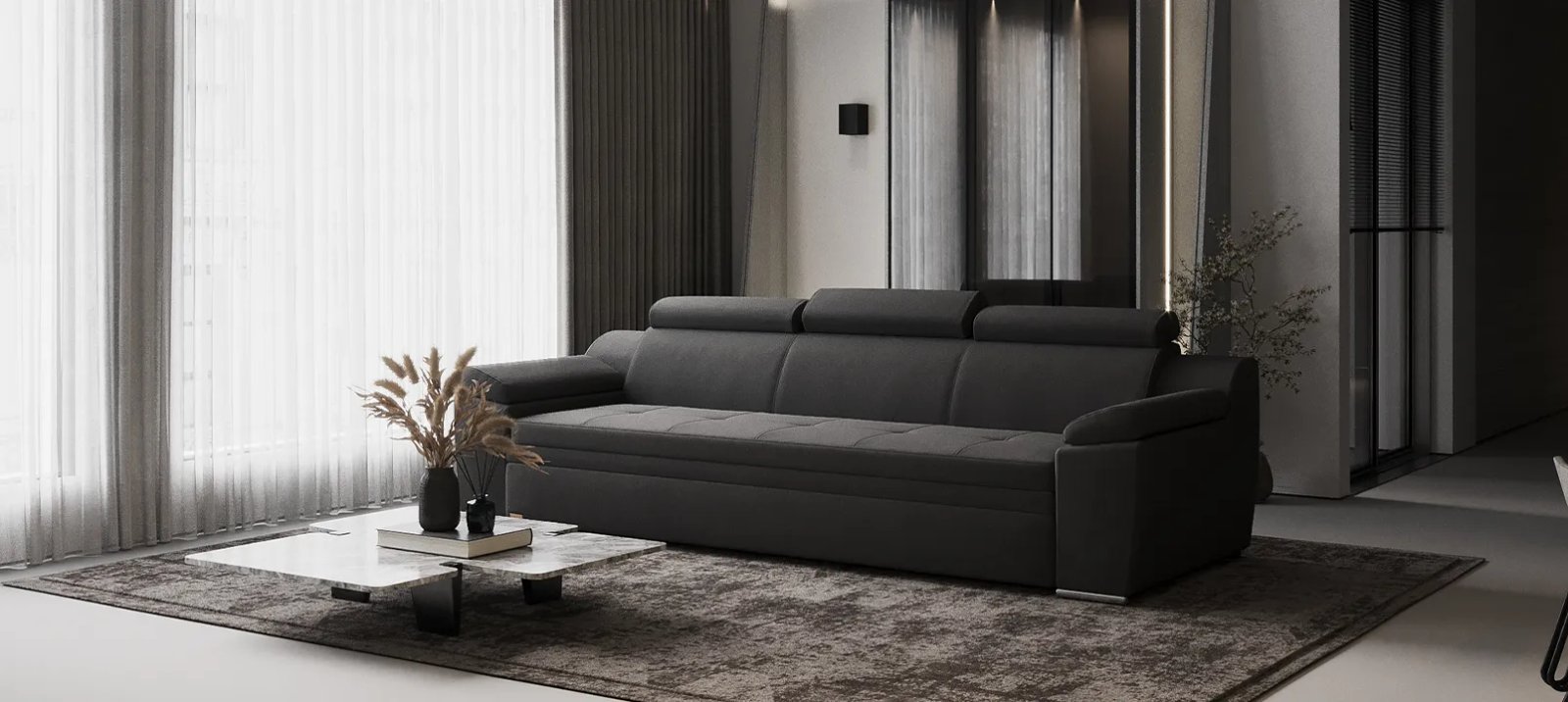Nelson sofa lova kampu su minkštomis sėdynėmis ir laisvomis nugaros pagalvėmis.