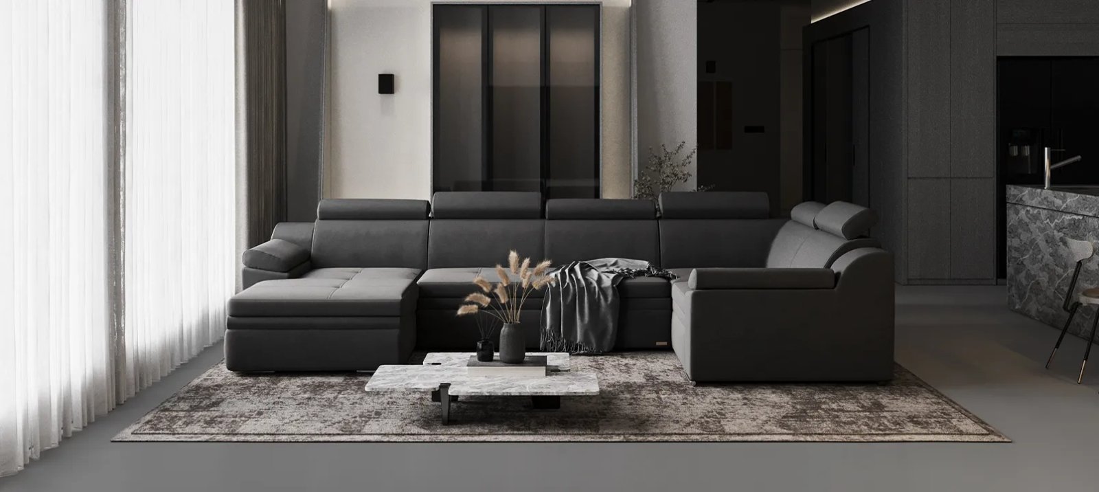Nelson sofa lova iš priekio su plačiomis sėdynėmis ir minkštomis nugaros pagalvėmis.