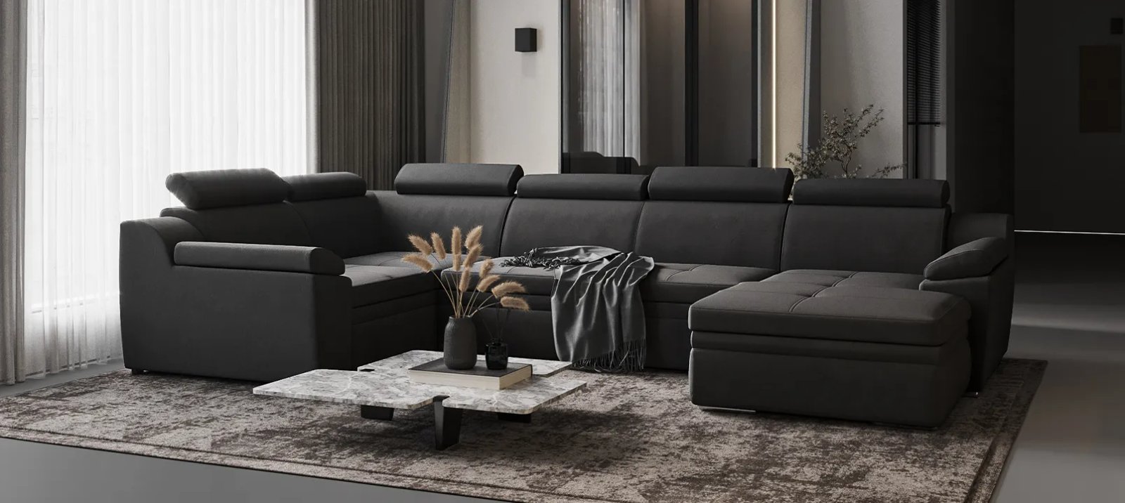 Pilka Nelson sofa lova su pakelta miegamąja dalimi ir matomu išskleidimo mechanizmu.