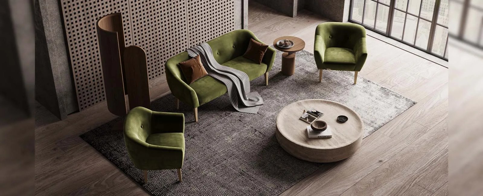 New York sofa moderniame interjere su plačiomis sėdynėmis ir dekoratyvinėmis pagalvėmis.