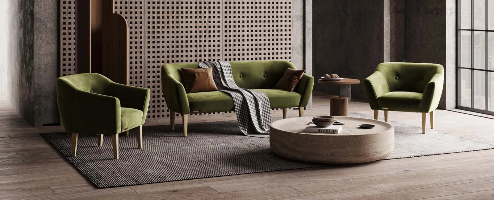 New York sofa iš priekio su minkštomis pagalvėmis ir žemu korpusu.