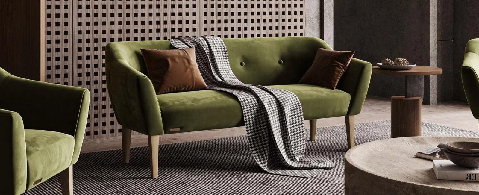 New York sofa iš šono su plačiais porankiais ir gilia sėdyne.