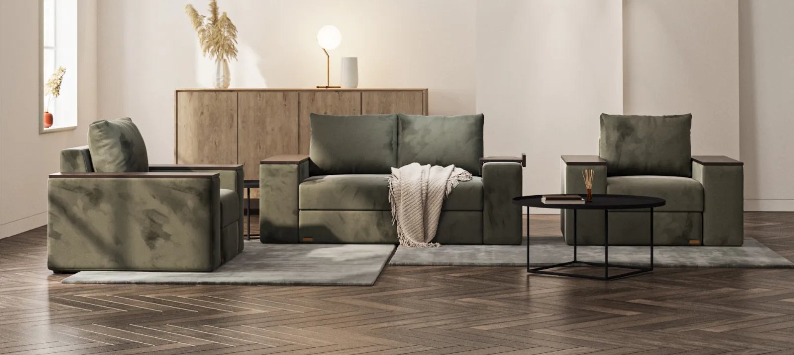 VERONA sofa lova interjere su plačia sėdima dalimi ir minkštu atlošu