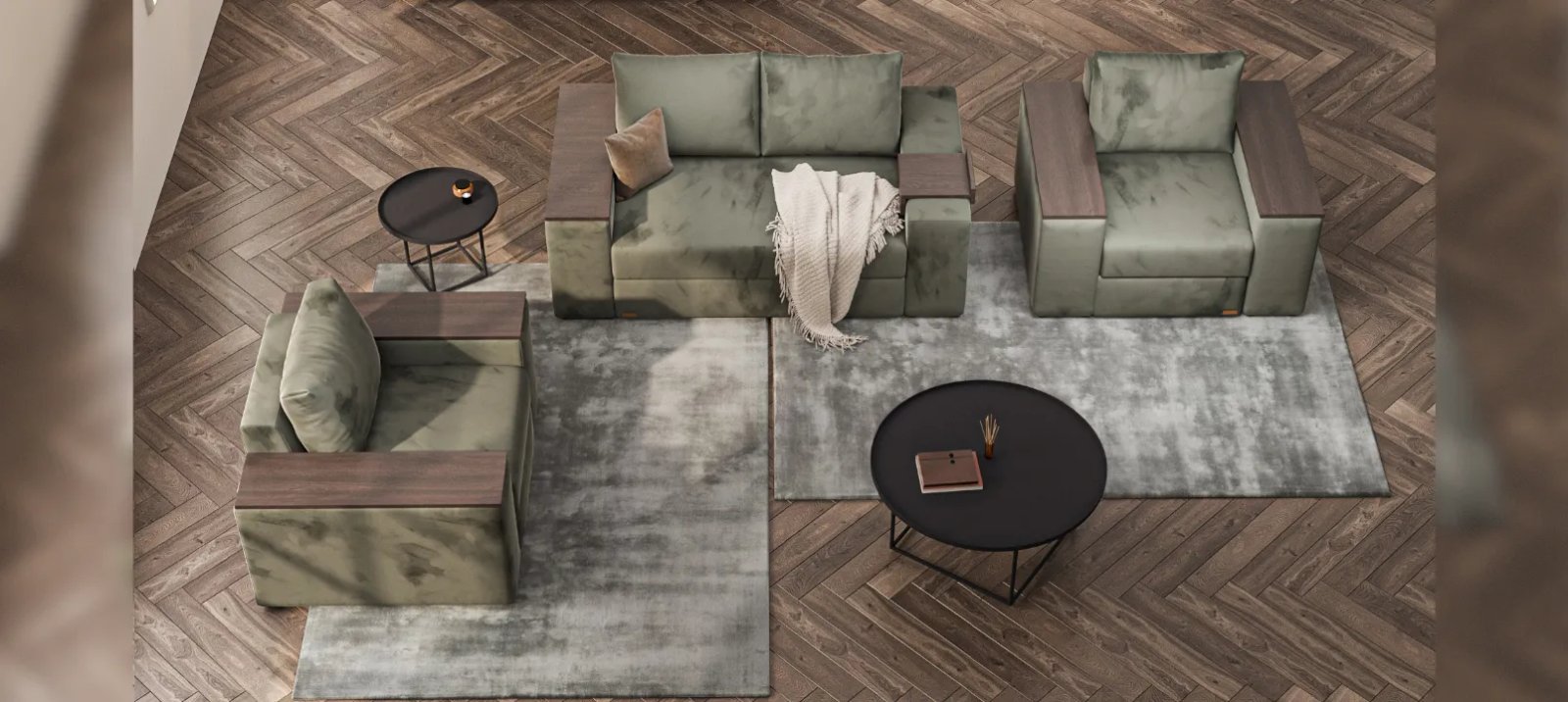 VERONA sofa lovos detalė su minkštu audiniu ir tvarkingu siuvimu