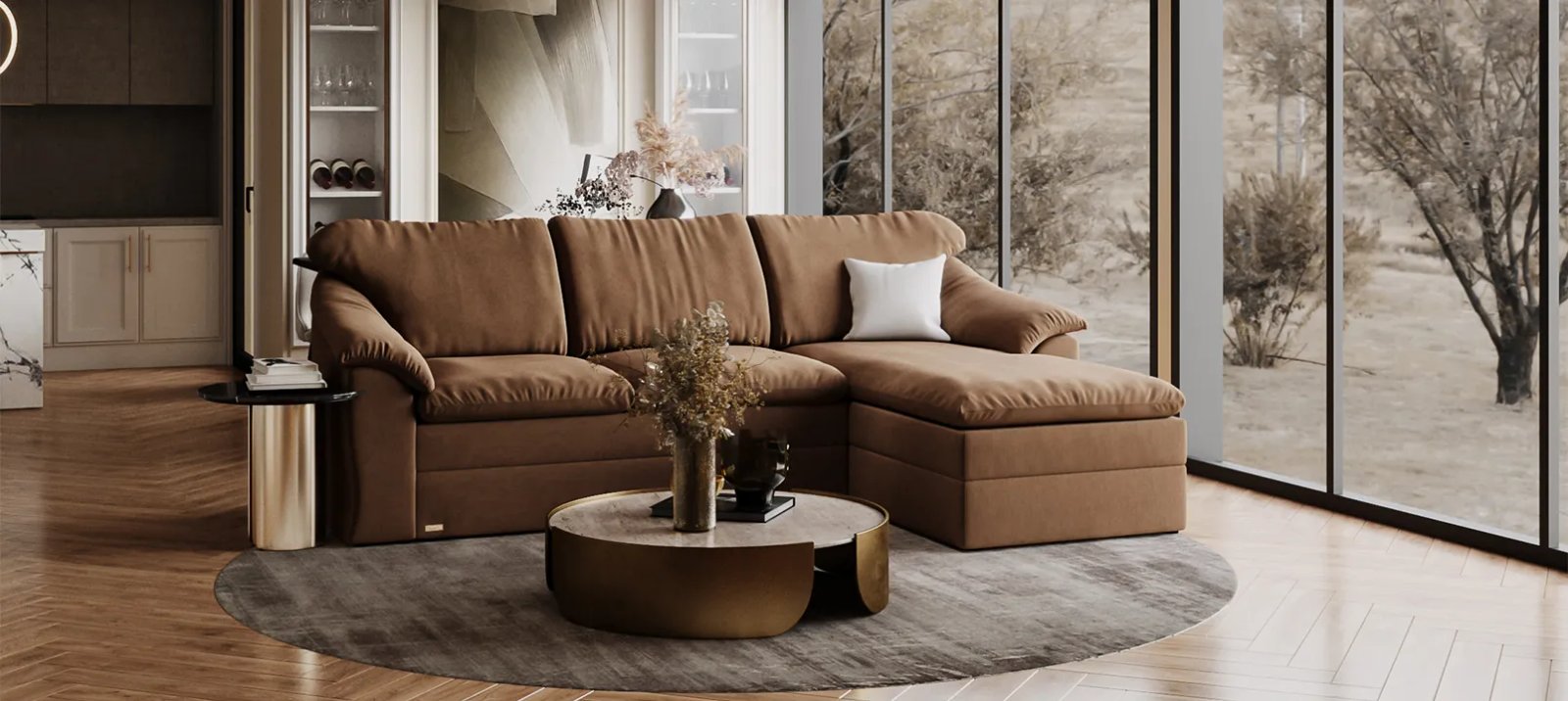 Vilnius sofa lova kampu su giliomis sėdynėmis ir plačiais žemais porankiais.