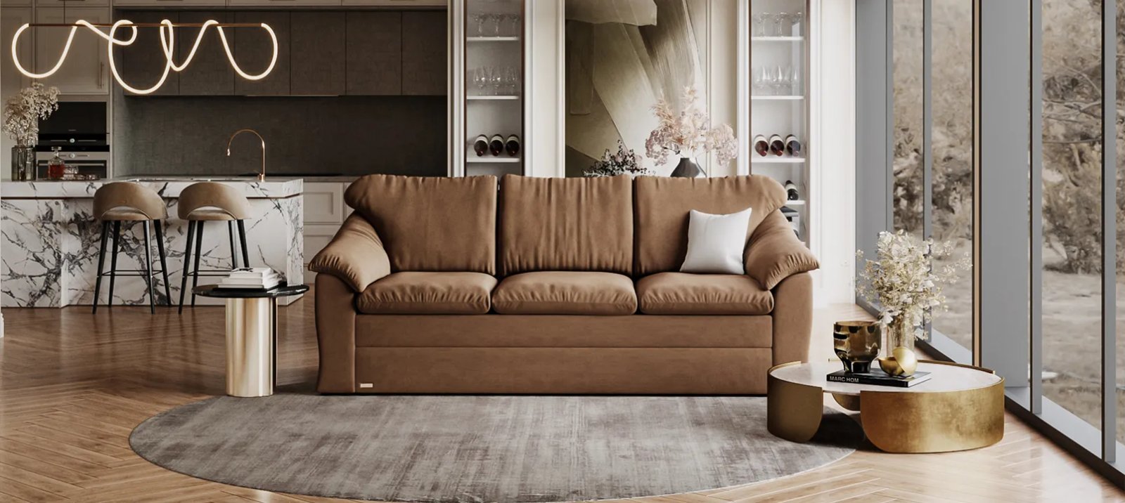 Vilnius sofa lova iš priekio su plačiais porankiais ir minkštomis sėdynėmis.