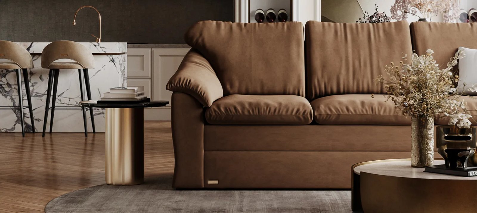 Pilka Vilnius sofa lova su pakelta miegamąja dalimi ir matomu išskleidimo mechanizmu.
