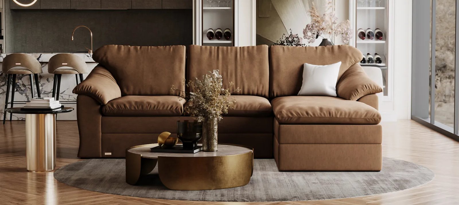 Pilka Vilnius sofa lova moderniame interjere su plačiomis sėdynėmis ir minkštais atlošais.