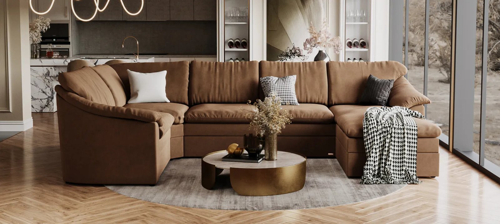 Vilnius sofa lova iš šono su gilia sėdyne ir plonomis tamsiomis kojelėmis.