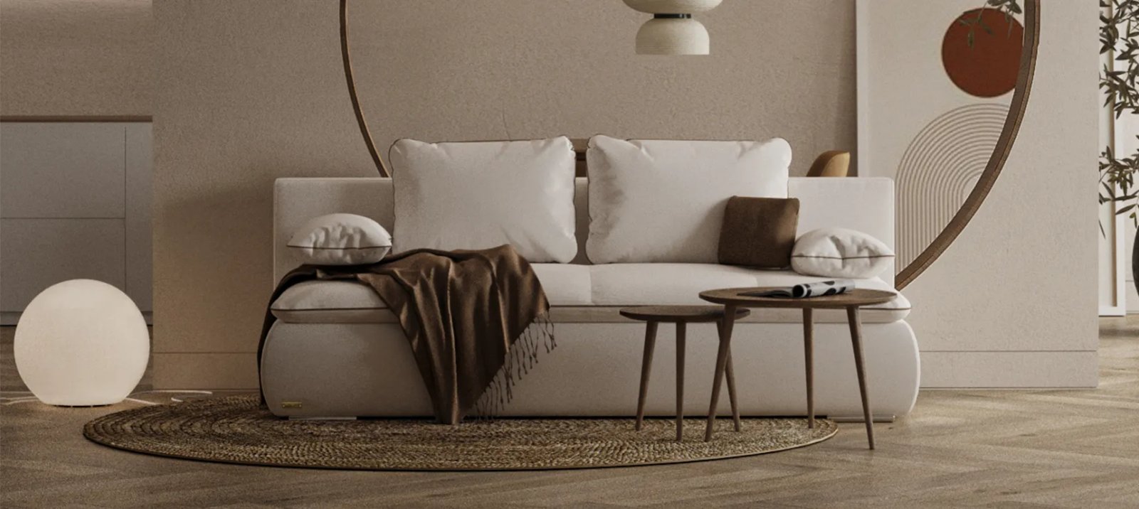 Warsaw sofa iš šono su gilia sėdyne ir minkštomis pagalvėmis.