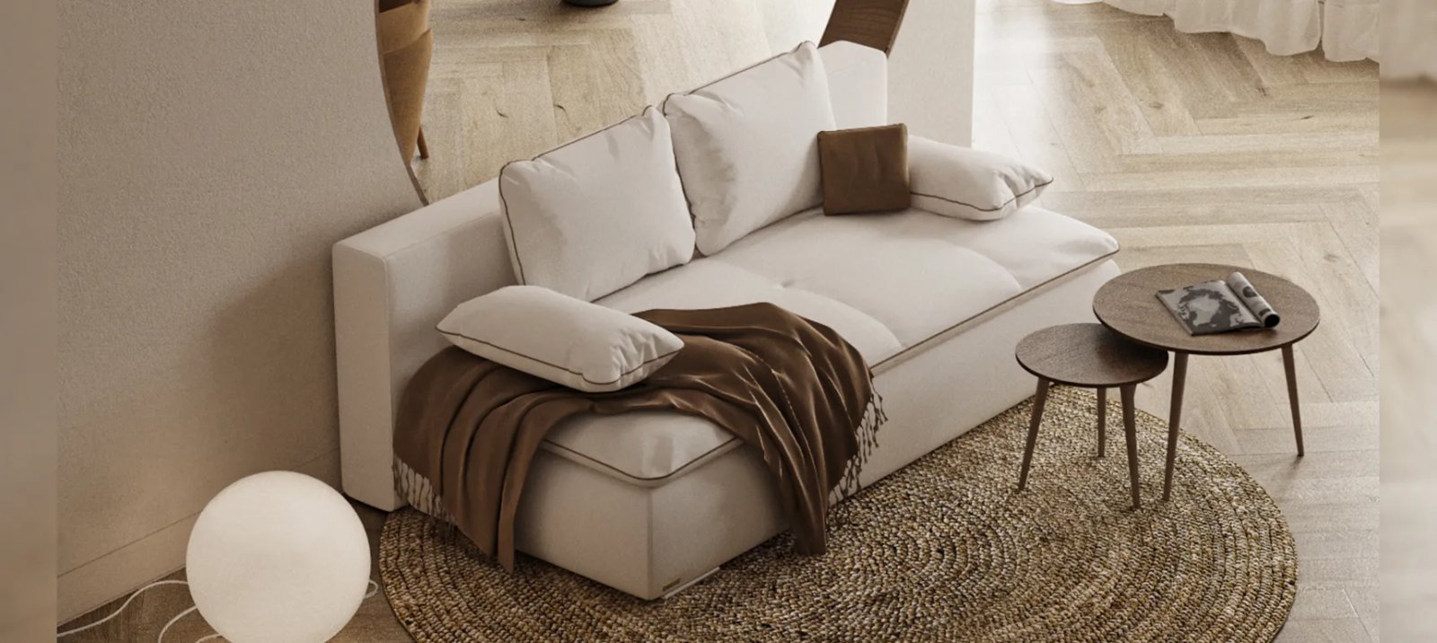Warsaw sofa lova su išskleista miegamąja dalimi ir plačiu gulimu paviršiumi.
