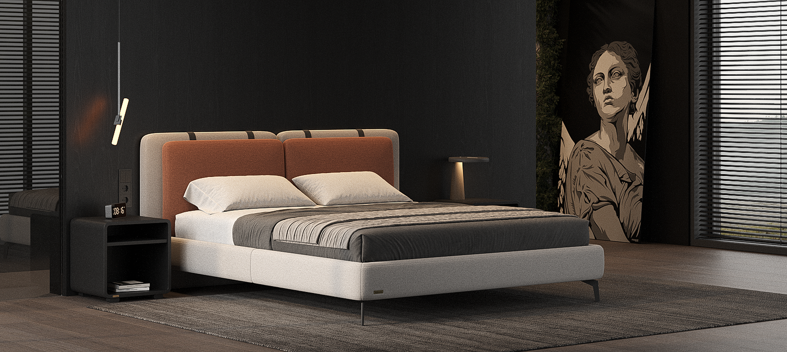MEXICO lova interjere su aukštu galvūgaliu ir jaukia miegamojo aplinka