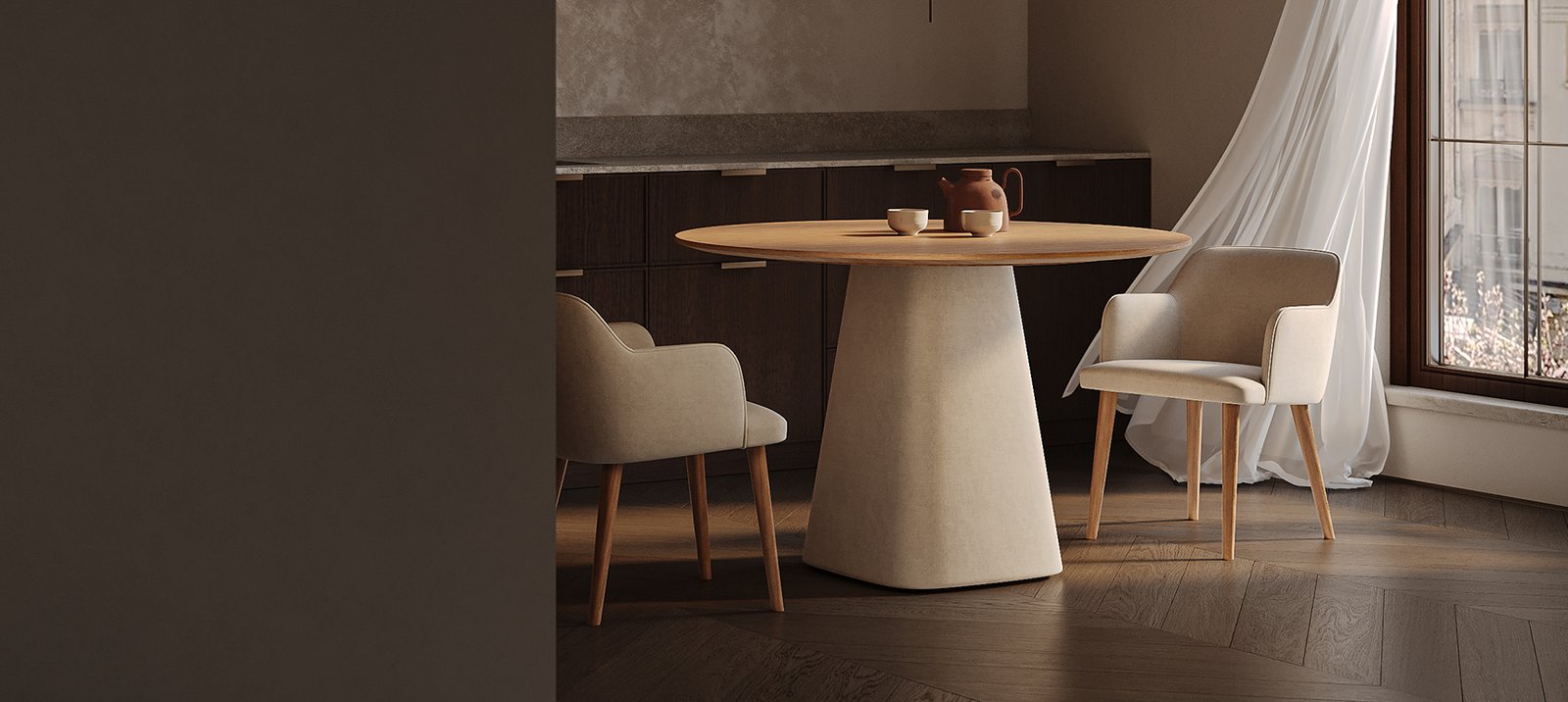 DUO stalas iš šono su minimalistiniu siluetu ir plačiu paviršiumi