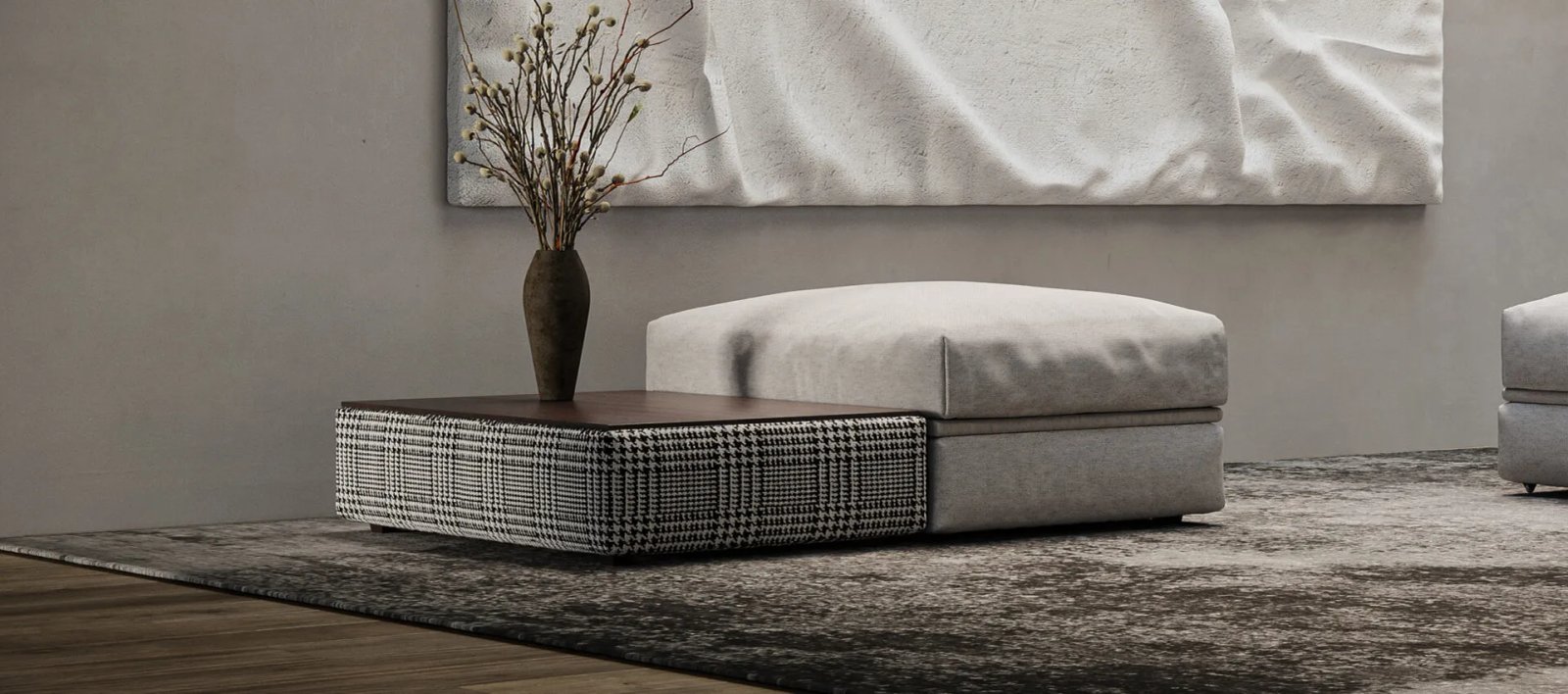 Pilka Dallas sofa lova kampu su giliomis sėdynėmis ir laisvai išdėstytomis pagalvėmis.