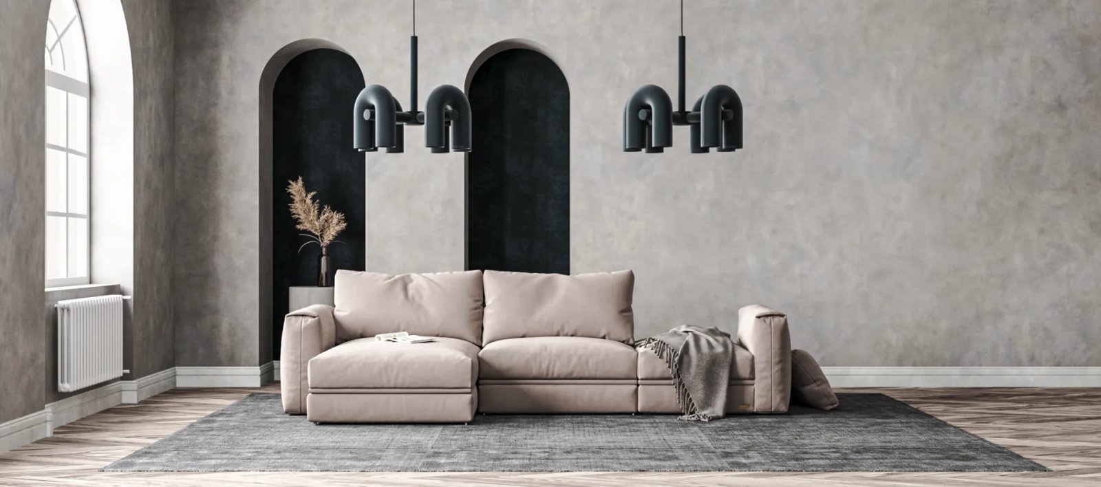 Smėlinė Dallas sofa iš kelių modulių su gulimąja dalimi ir žemu minkštu korpusu.