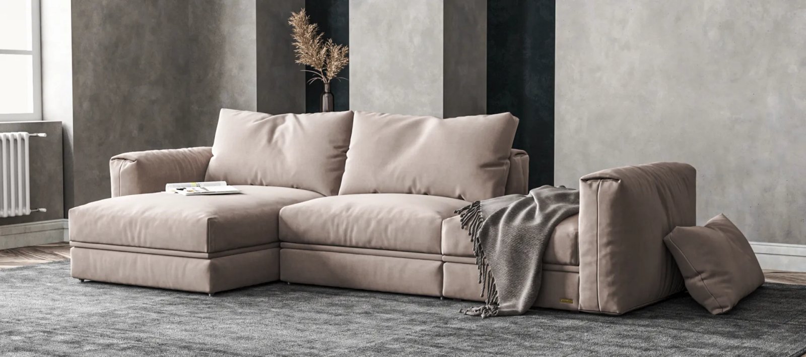 Smėlinė Dallas modulinė kampinė sofa su plačiomis sėdynėmis ir minkštomis nugaros pagalvėmis.