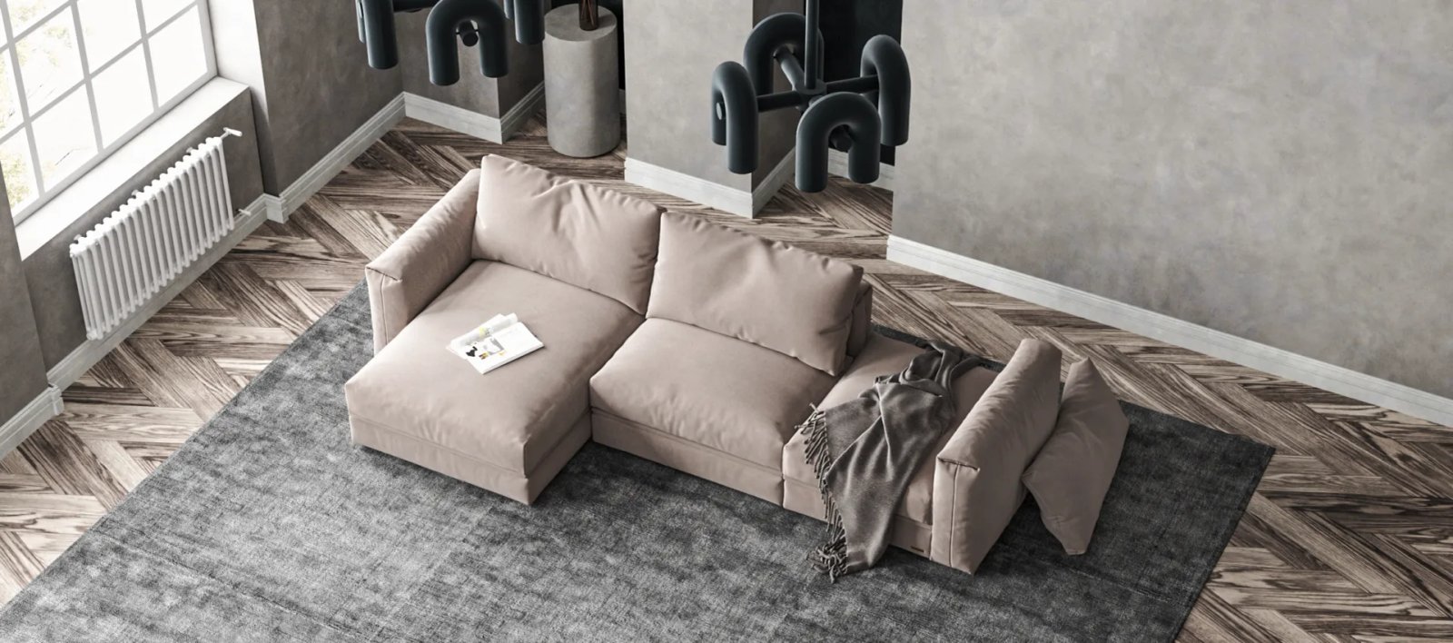 Smėlinė Dallas modulinė sofa iš viršaus su gulimąja dalimi minkštomis pagalvėmis ir plačiais porankiais.