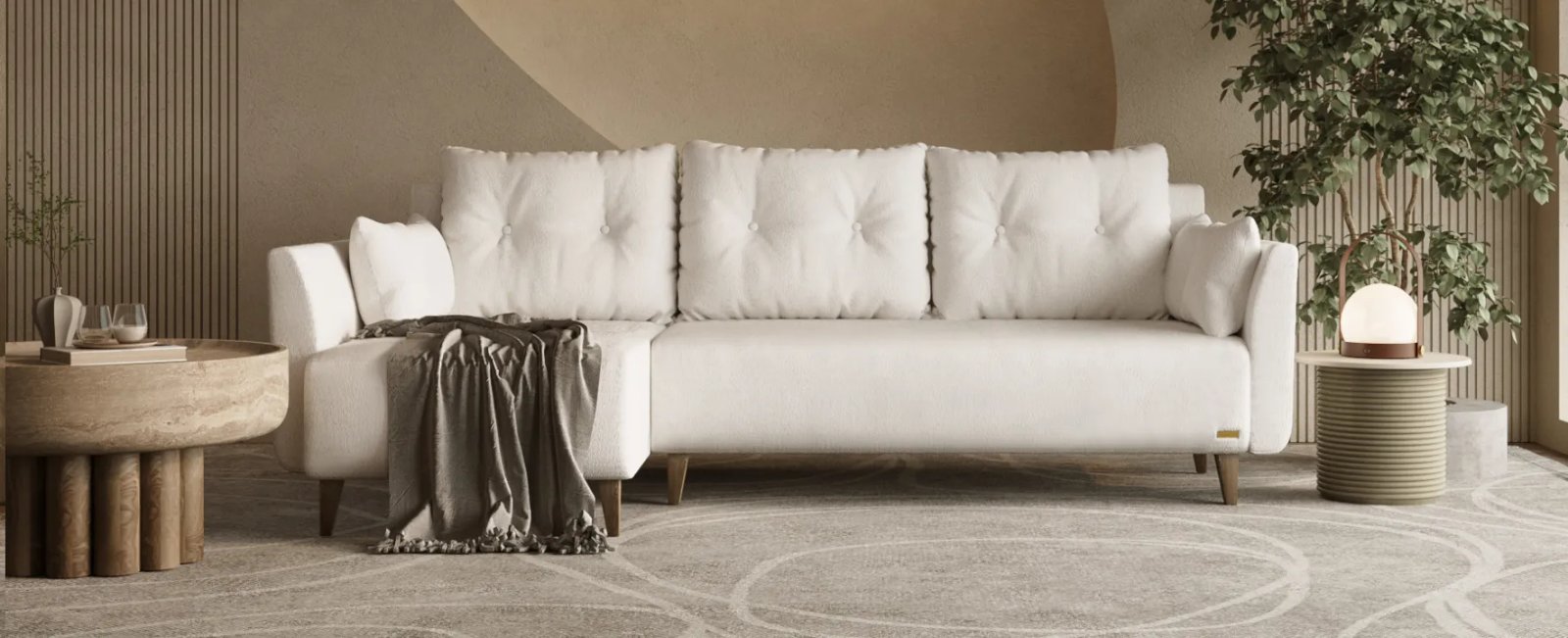 Preston kampinė sofa su gulimąja dalimi plačiomis sėdynėmis ir minkštomis pagalvėmis.