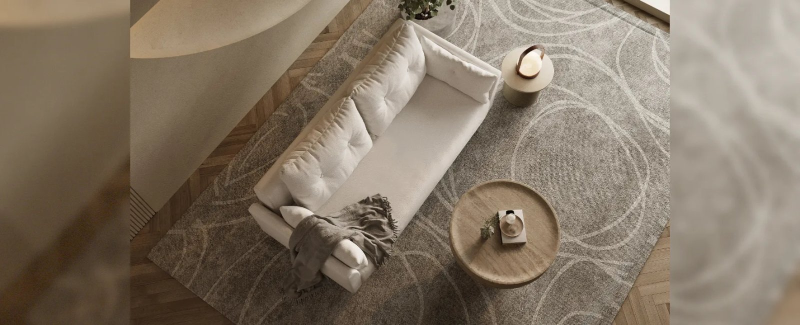 Preston kampinė sofa iš šono su gulimąja dalimi ir laisvomis nugaros pagalvėmis.