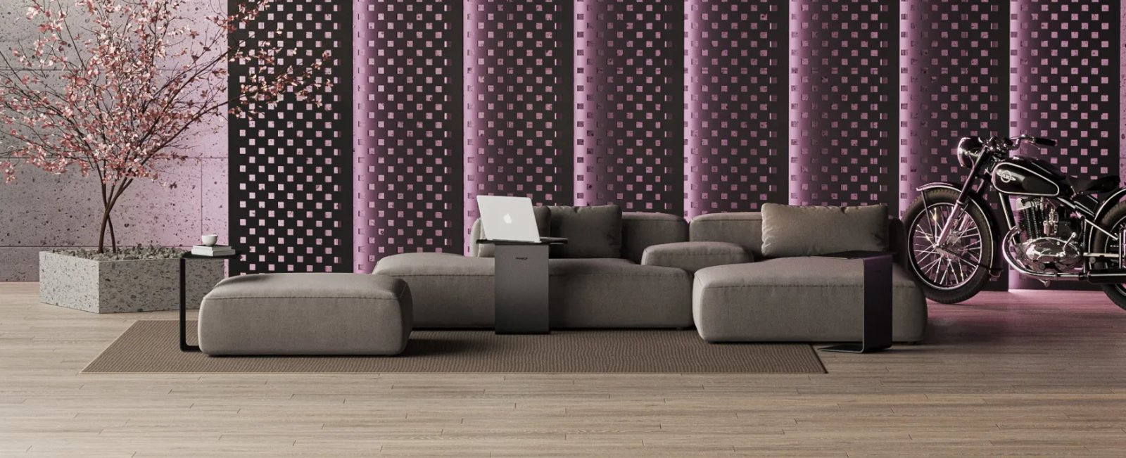 Thasos sofa iš priekio su plačiomis sėdynėmis ir minkštais atlošais.