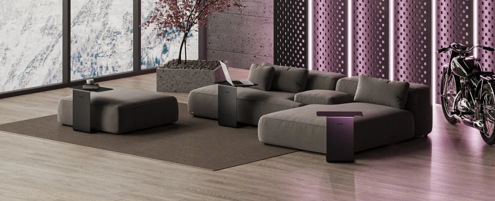Thasos sofa kampu su gilia sėdyne ir minkštomis nugaros pagalvėmis.