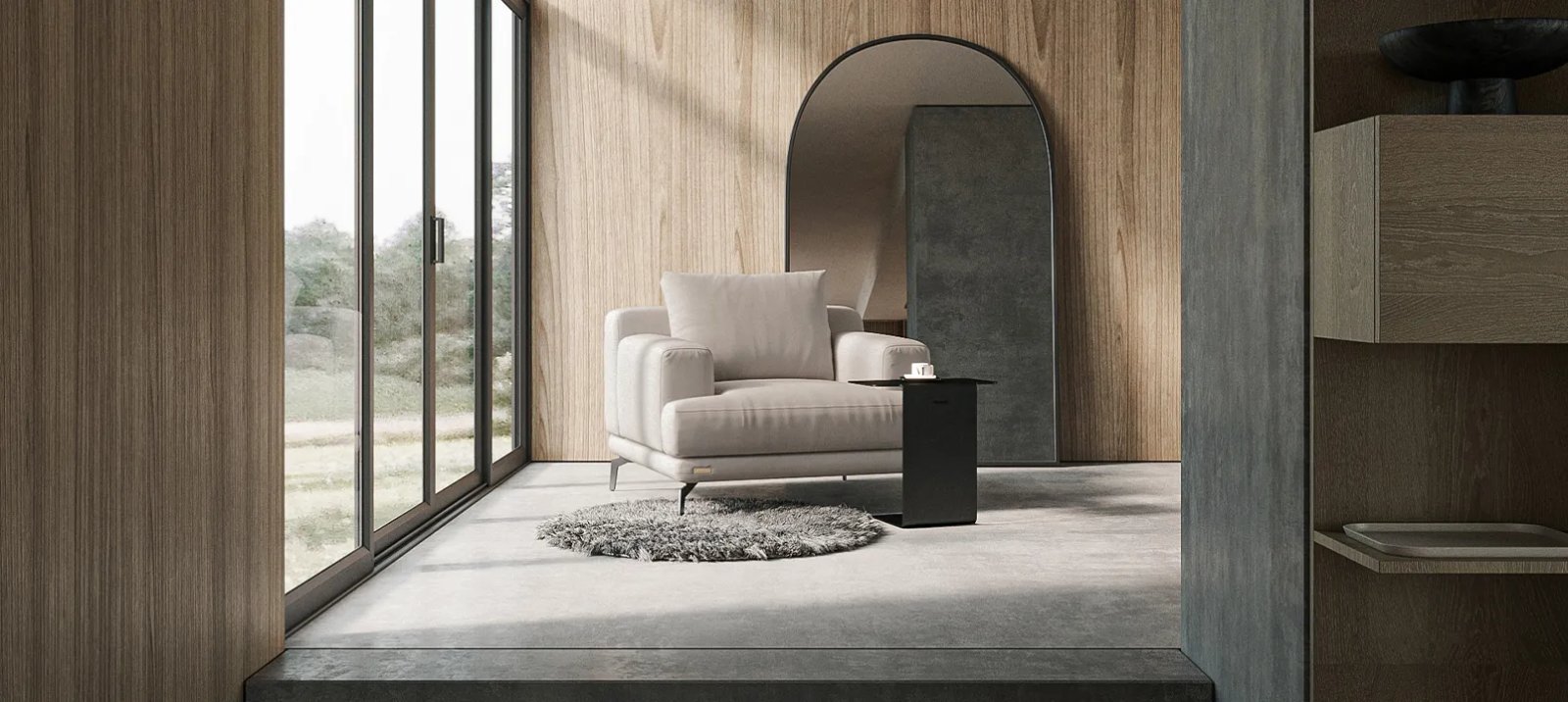 Pilka Sydney sofa kampu su giliomis sėdynėmis ir minkštomis dekoratyvinėmis pagalvėmis.