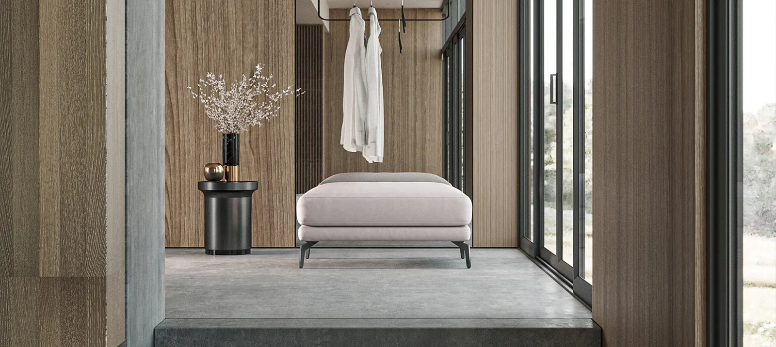 Sydney sofa su išskleista miegamąja dalimi ir lygiu plačiu gulimu paviršiumi.