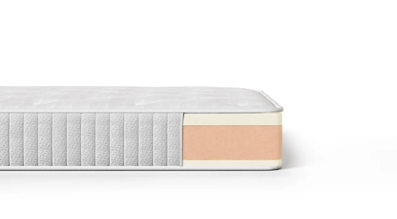CORRADO čiužinio pjūvis su bespyruokline struktūra ir memory foam sluoksniais.