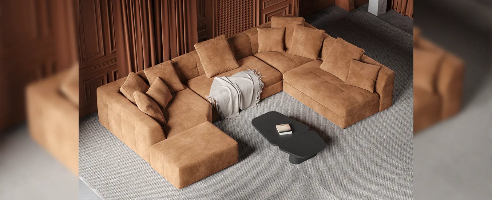 Dortmund kampinė sofa kampu su žemais porankiais ir minkštomis nugaros pagalvėmis.