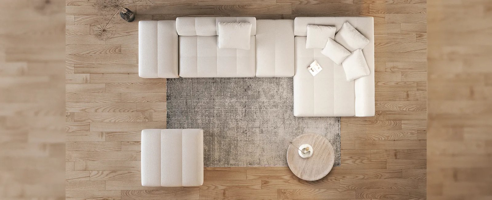 Dortmund kampinė sofa iš viršaus su keliais moduliais ir plačiomis sėdynėmis.