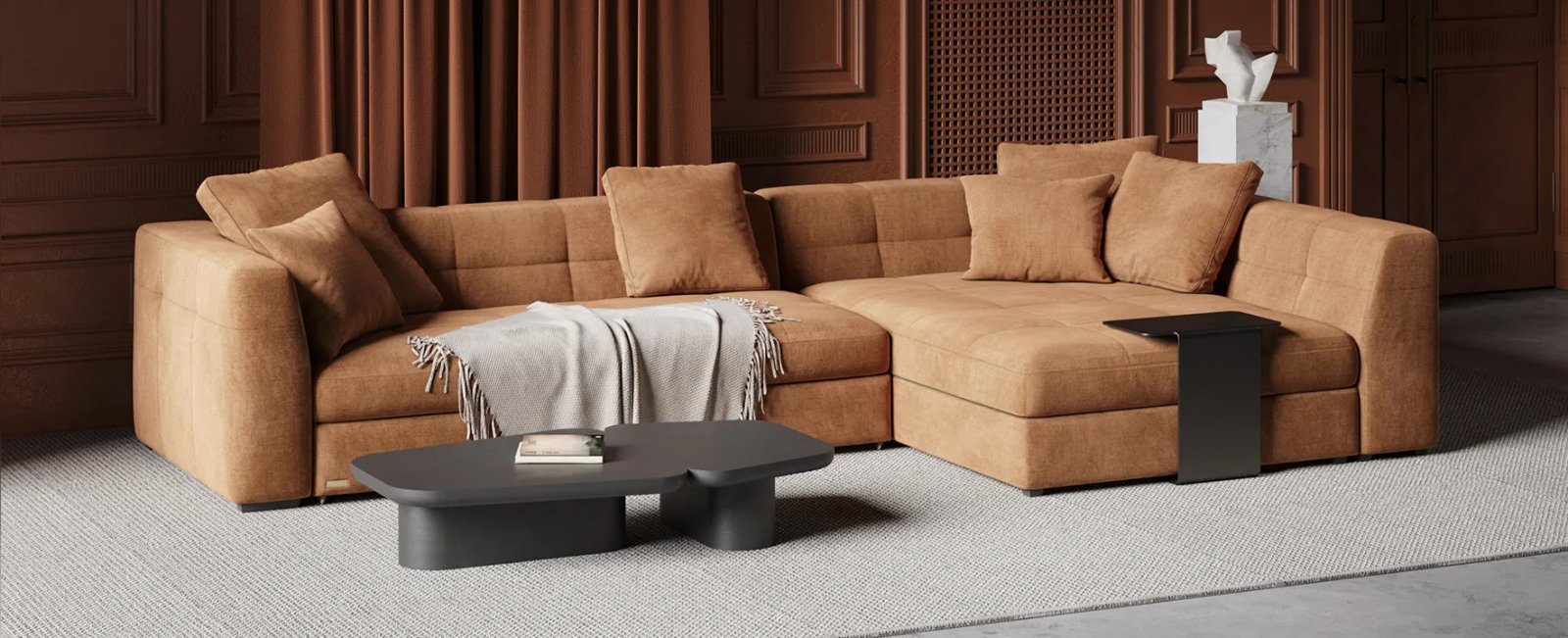 Dortmund kampinė sofa iš galinio kampo su žemu korpusu ir laisvomis pagalvėmis.