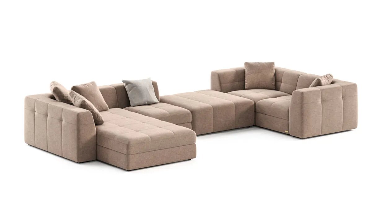 Dortmund kampinė sofa iš viršaus su pailginta gulimąja dalimi.