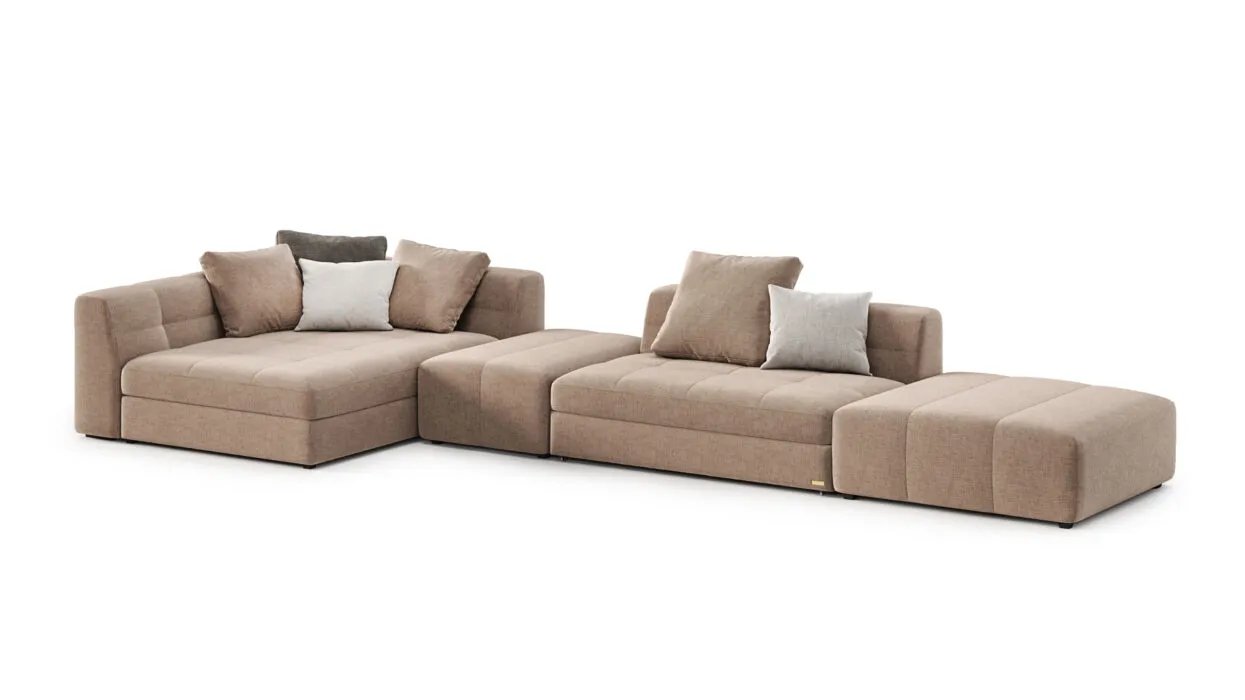 Dortmund kampinė sofa su žemais porankiais ir pailginta gulimąja dalimi.