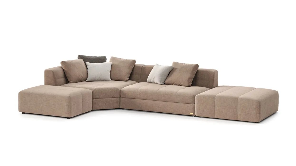Dortmund sofa su pailgintu moduliu ir plačiu minkštu porankiu.