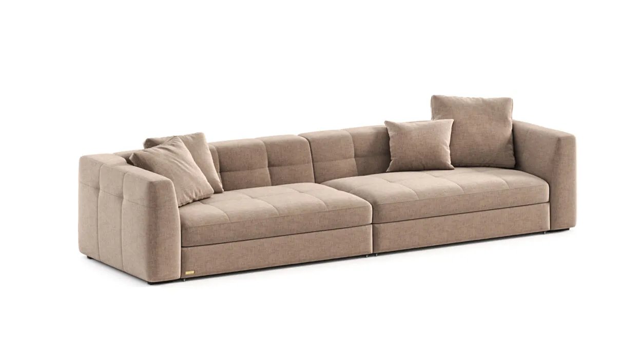 Dortmund modulinė sofa kampu su plačiomis sėdynėmis ir minkštais atlošais.
