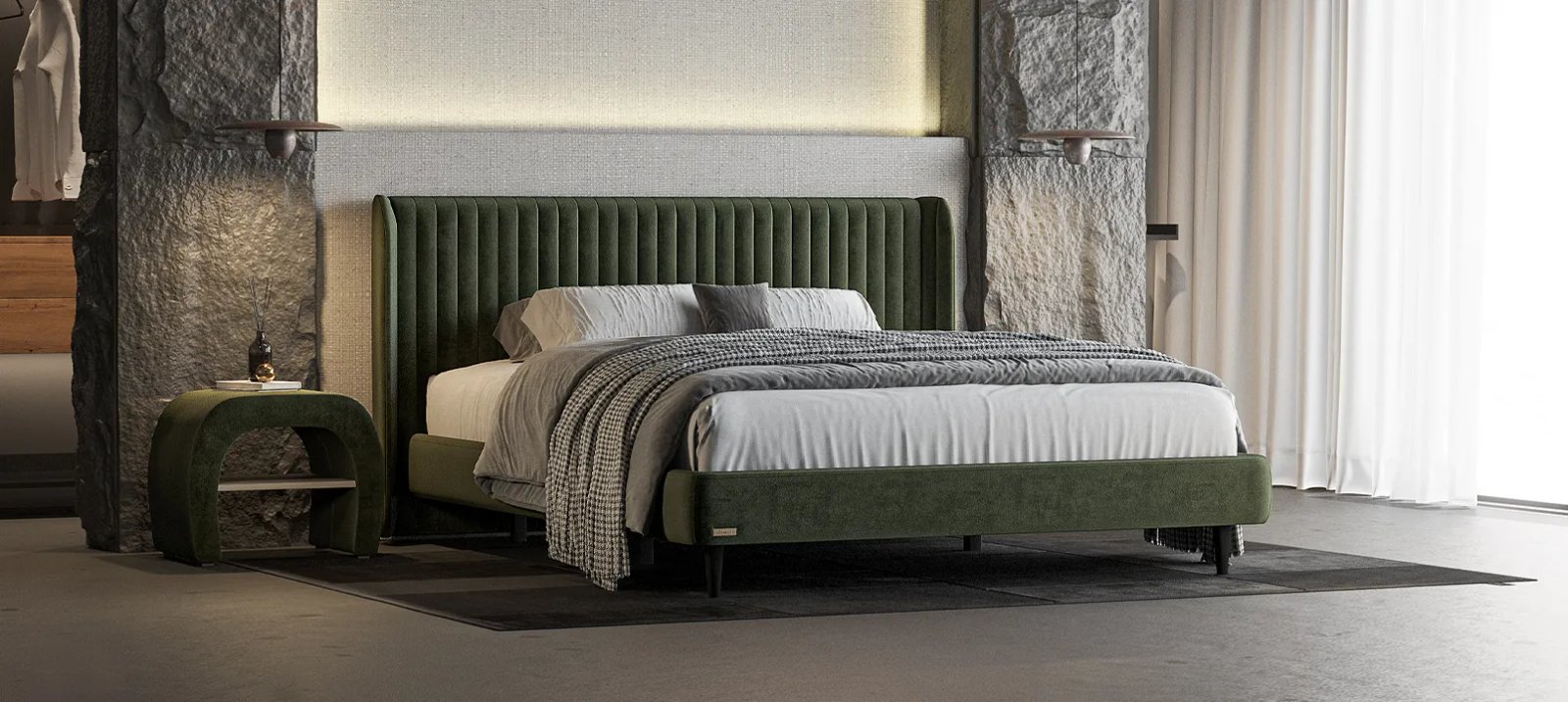 Kreminė Brie Classic lova moderniame interjere su aukštu galvūgaliu ir žemu rėmu.