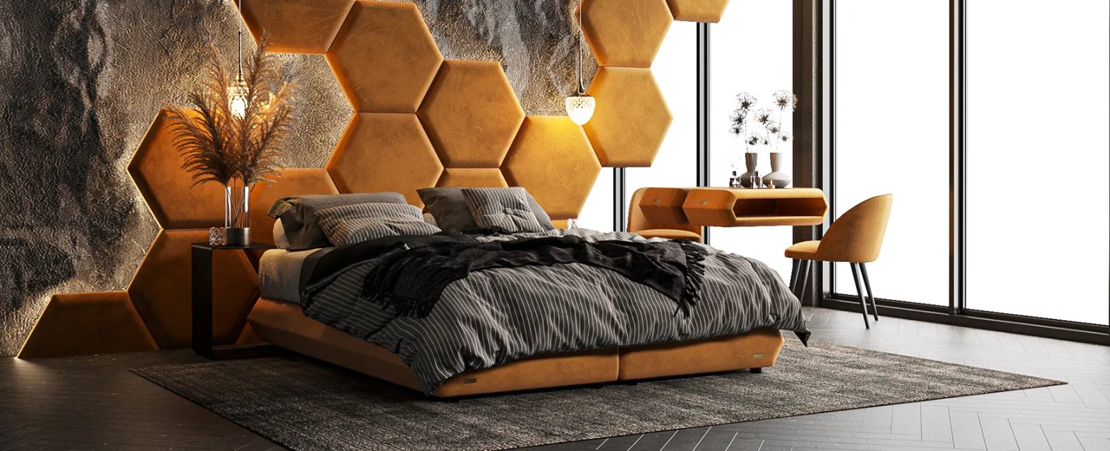 Honey miegamasis su dviem lovomis Terra šešiakampių plokščių siena ir tamsiais staliukais.