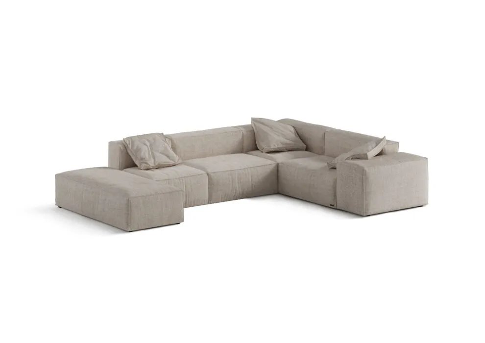 Kreminė Belfast modulinė sofa su plačiomis sėdynėmis minkštomis pagalvėmis ir gulimąja dalimi.