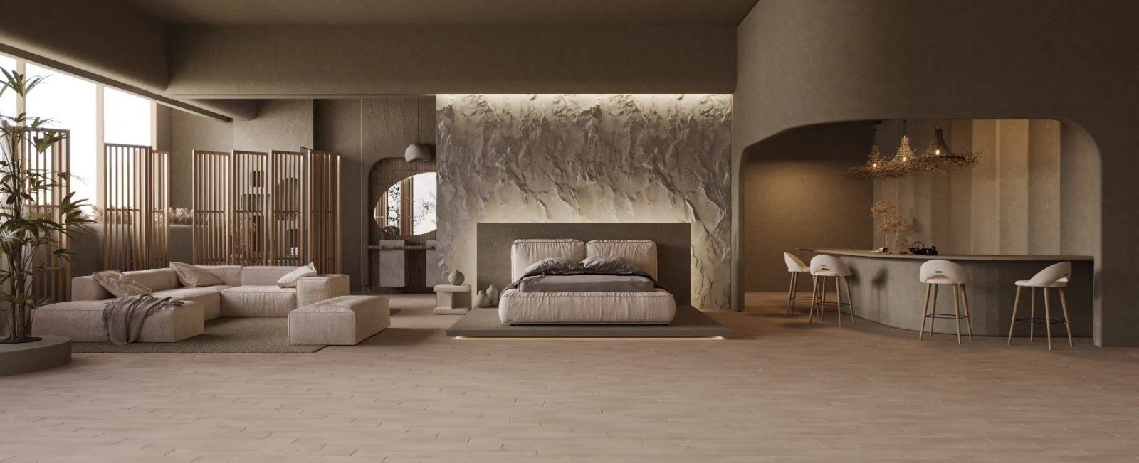 Erdvi SOHO poilsio zona su kremine moduline sofa lova pufu baro kėdėmis ir medinėmis pertvaromis.