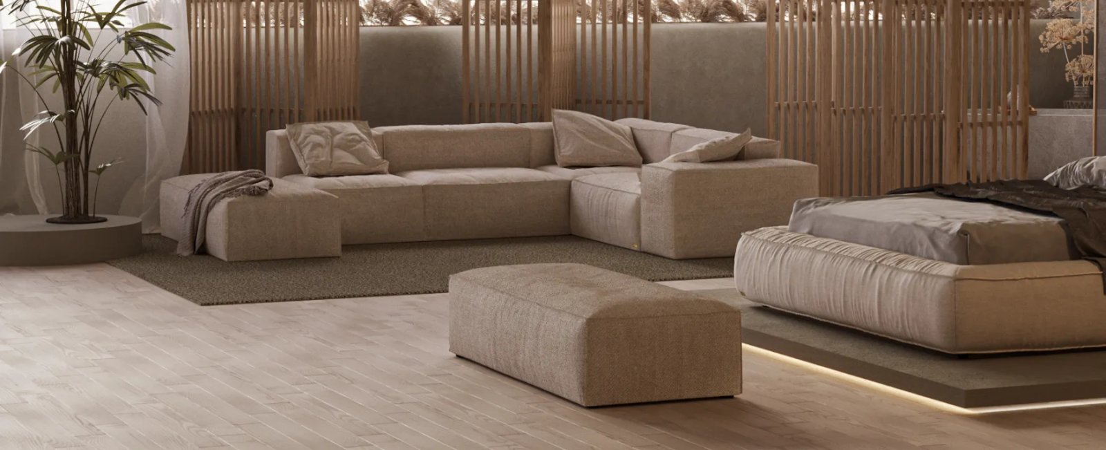 Kreminė SOHO modulinė sofa su pufu šalia minkštos lovos ir vertikalių medinių pertvarų.