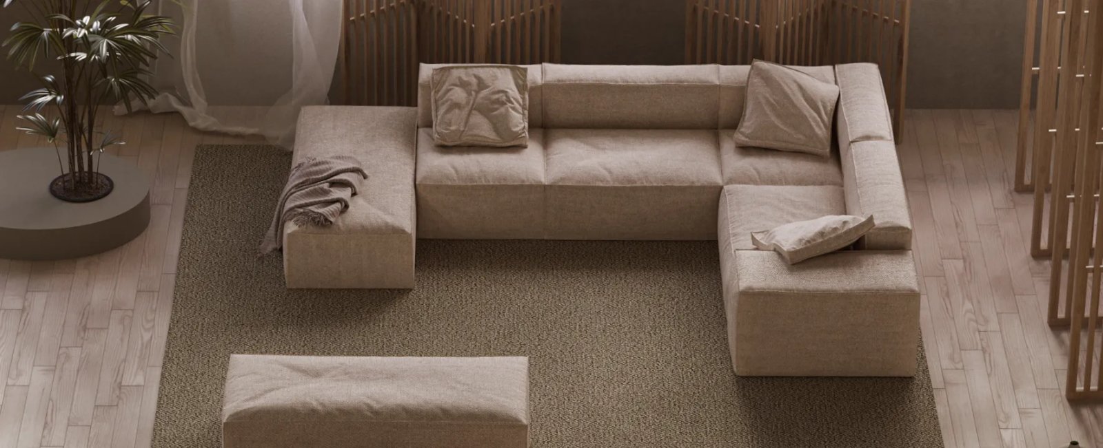 Kreminė SOHO modulinė sofa iš viršaus su gulimosiomis dalimis plačiais porankiais ir pufu.