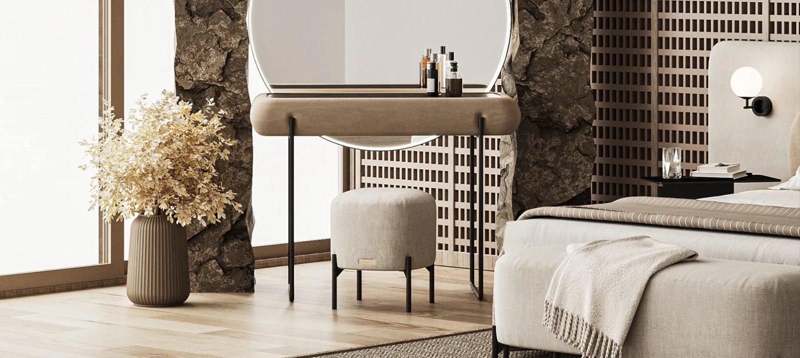 BOHO miegamojo komplektas su minkšta lova suolu pufais staliukais ir dekoratyvinėmis sienų plokštėmis.