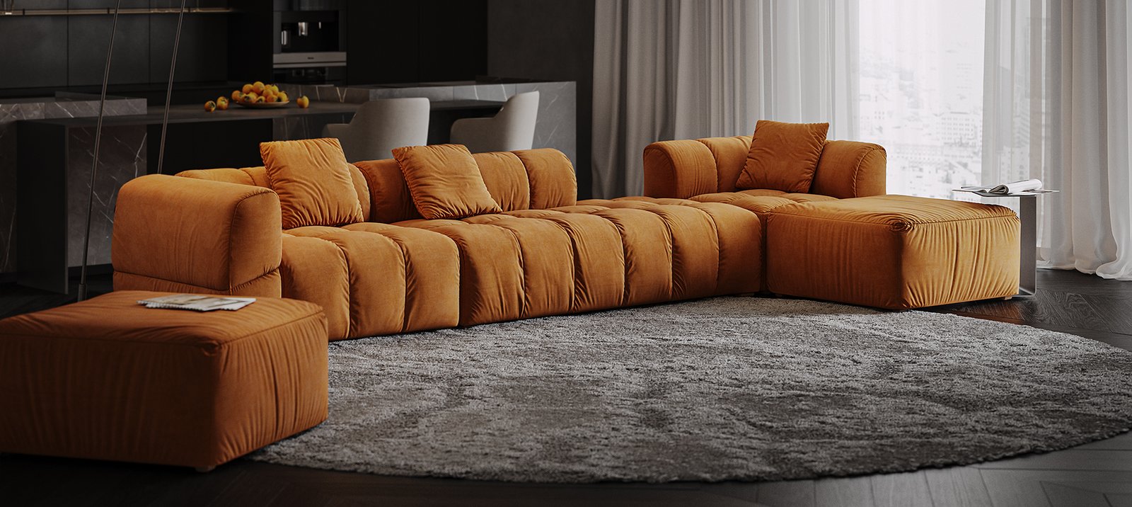 DAKAR modulinė sofa su Beck audiniu ir ketvirtu modulio vaizdu