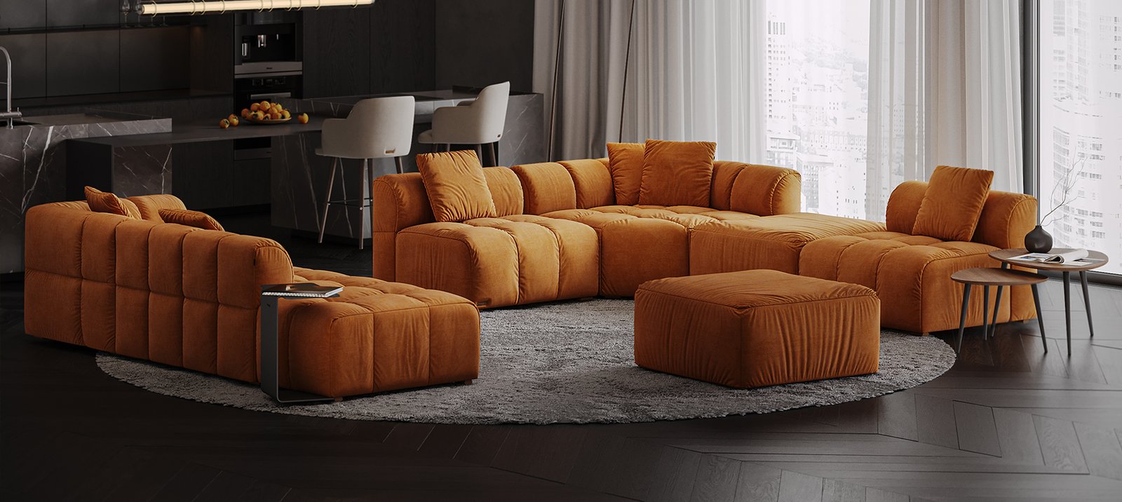 DAKAR modulinė sofa su Beck audiniu ir šeštu modulio vaizdu