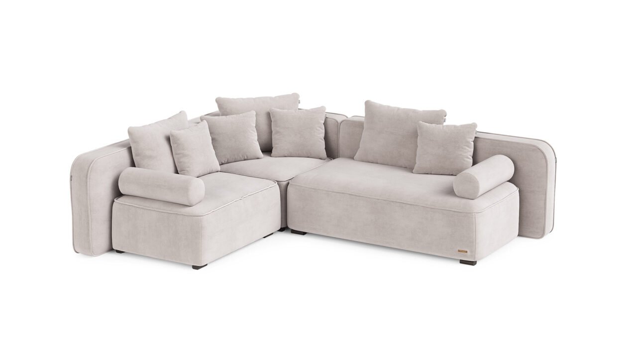 Norman kampinė sofa su moduline forma ir tekstiliniu apmušalu.