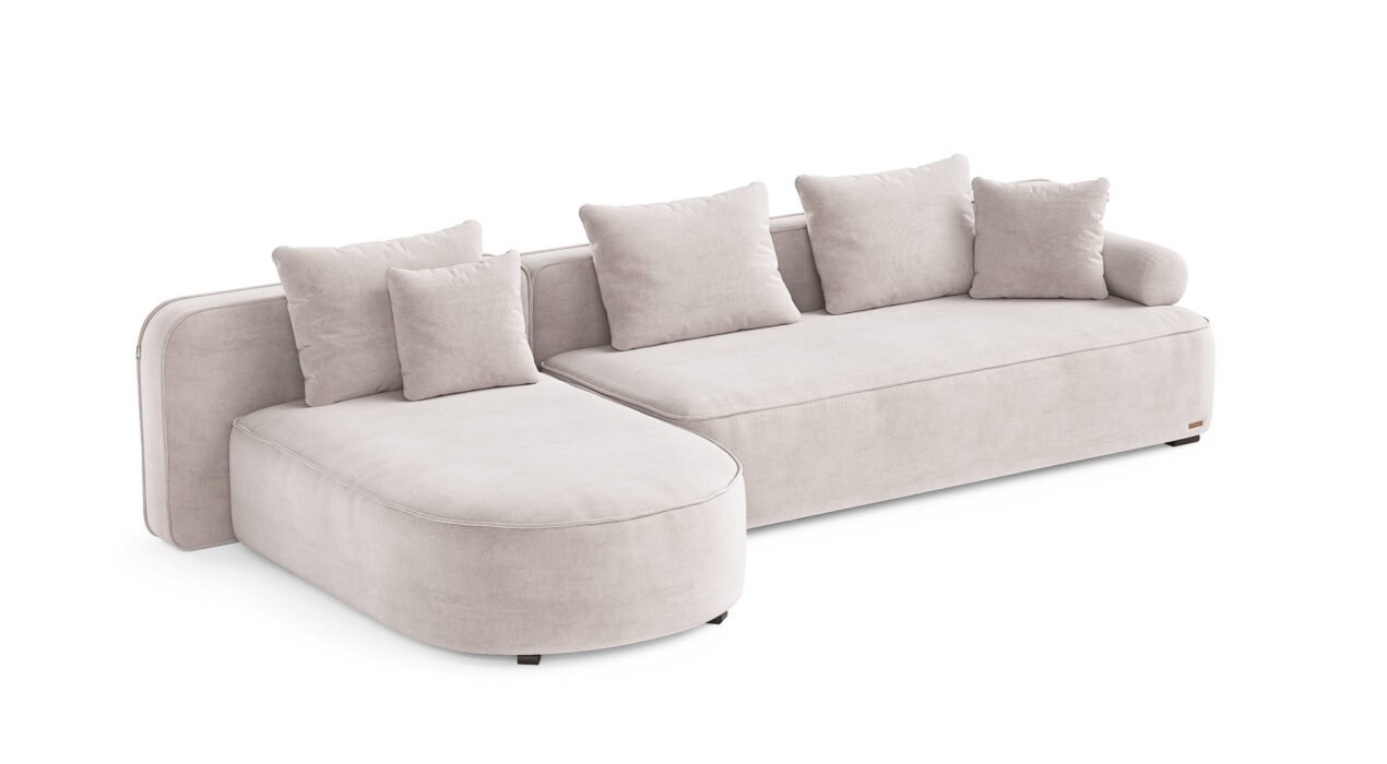 Norman kampinė sofa su minkštomis pagalvėmis ir erdvia moduline forma.