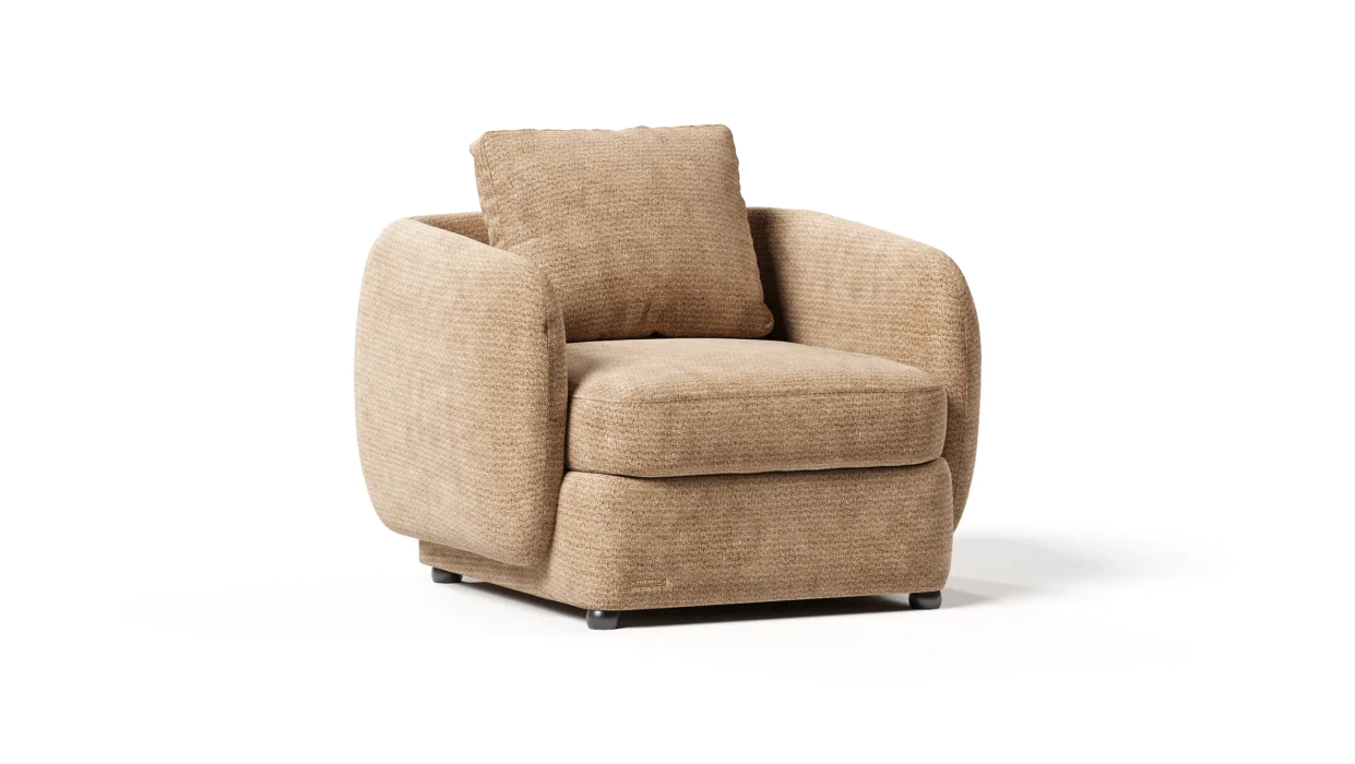 Milton kampinė sofa su žemu profiliu ir minkštu tekstiliniu apmušalu.