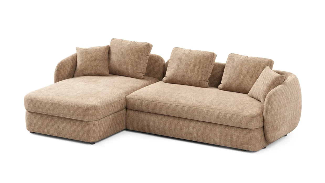 Milton kampinė sofa su plačiomis sėdimosiomis dalimis ir žemu profiliu.