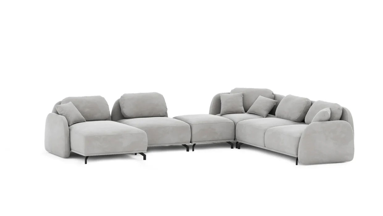 Nancy modulinė sofa su plačia sėdėjimo zona ir žemu moderniu siluetu.